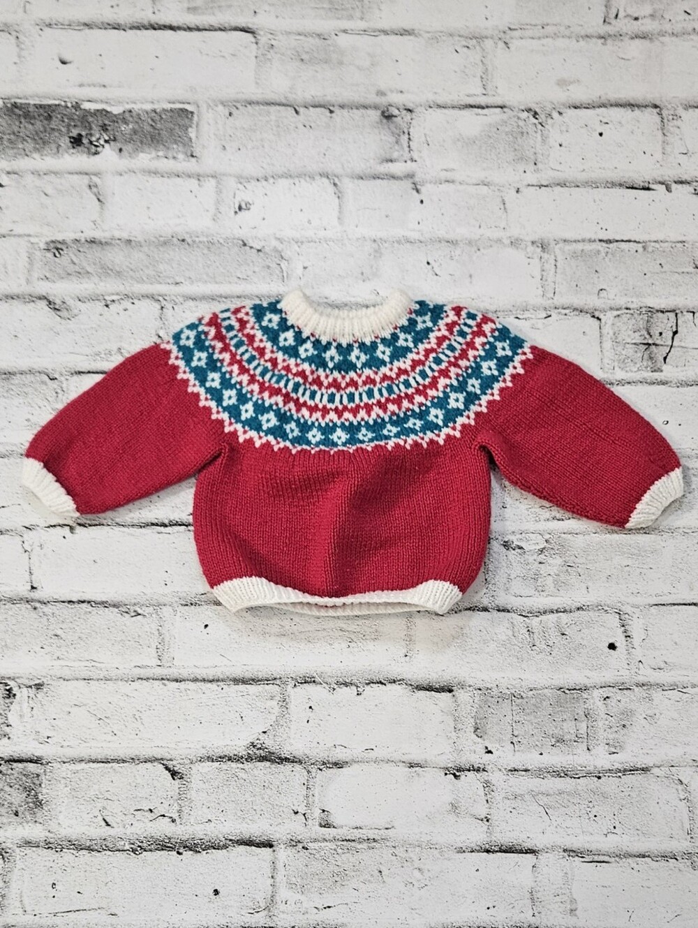 Hand Knit Fair Isle Nordic Red Blue White Baby Sweater 12 18 Months